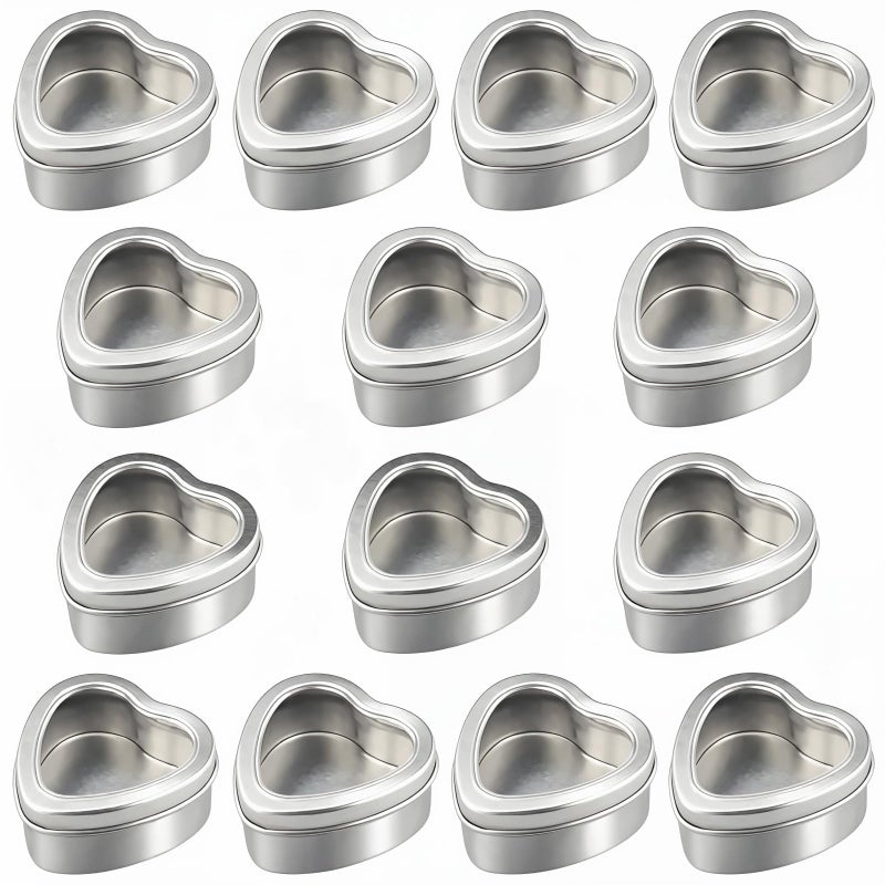 Goodma 14-Pack 2oz Empty Heart Shaped Silver Metal Tins with Clear Window for Candle Making, Candies, Gifts & Treasures - Image 1